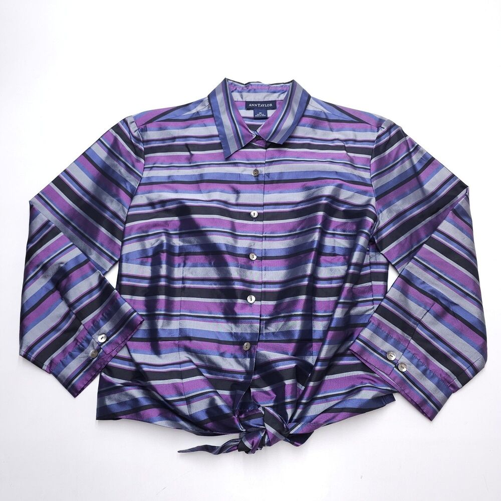 Vintage Ann Taylor Silk Shirt Size 10 Tie Front Button Up Purple Violet Stripe